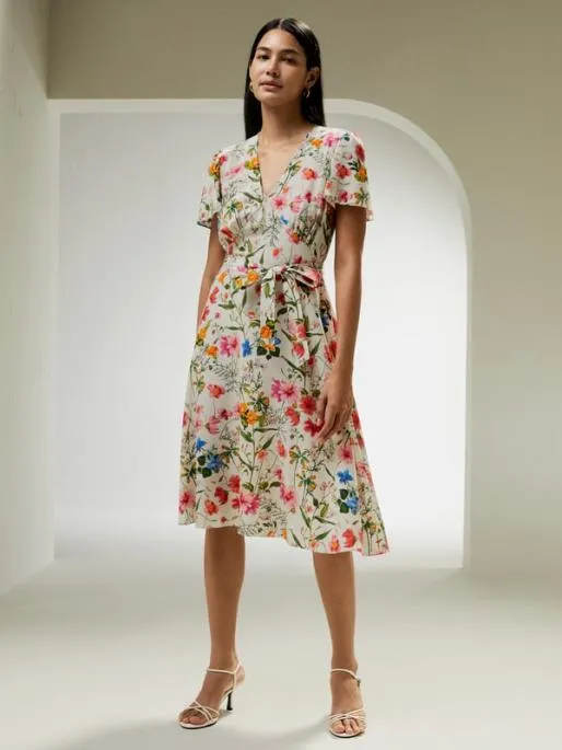 Lilysilk Floral Short Sleeve Silk Dress With Tie Belt Women Jumpsuits Dresses