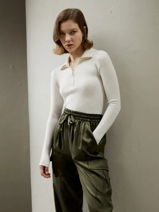 Lilysilk Gaia Ribbed Half Zip Ultrafine Merino Wool Sweater Women Knitwear