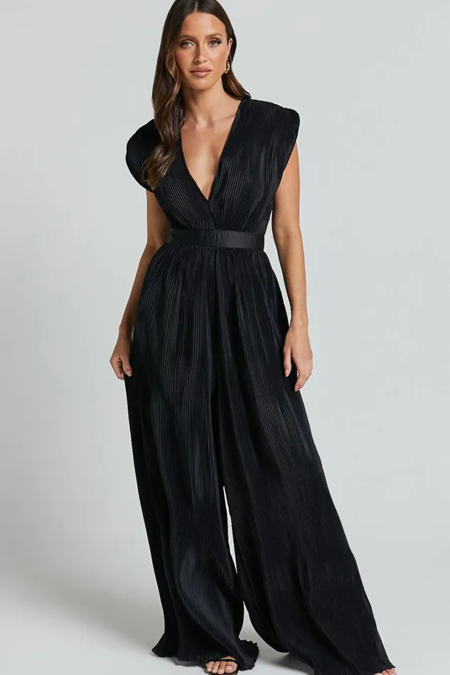 Lina Jumpsuit 8211 Plunge Neck Pleated Wide Leg Jumpsuit In Black Women Showpo Jumpsuits