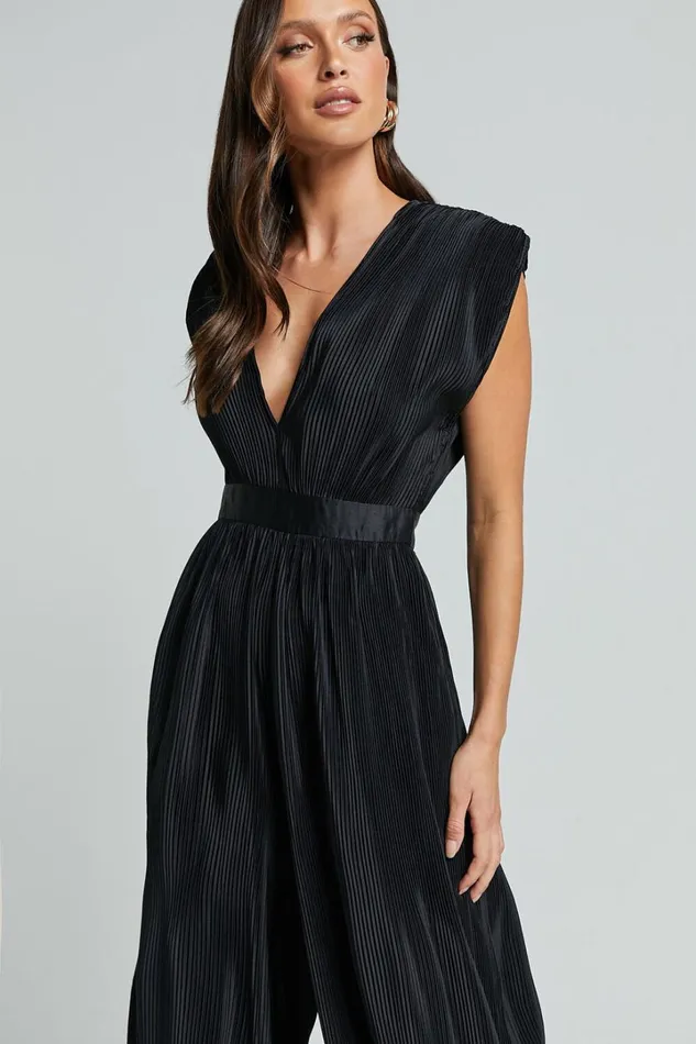 Lina Jumpsuit 8211 Plunge Neck Pleated Wide Leg Jumpsuit In Black Women Showpo Jumpsuits