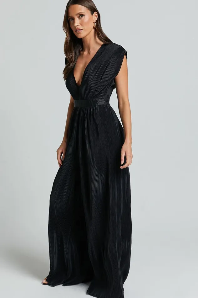 Lina Jumpsuit 8211 Plunge Neck Pleated Wide Leg Jumpsuit In Black Women Showpo Jumpsuits