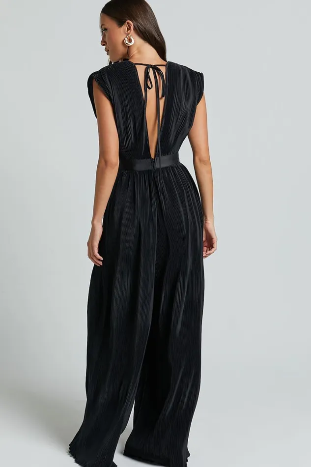 Lina Jumpsuit 8211 Plunge Neck Pleated Wide Leg Jumpsuit In Black Women Showpo Jumpsuits