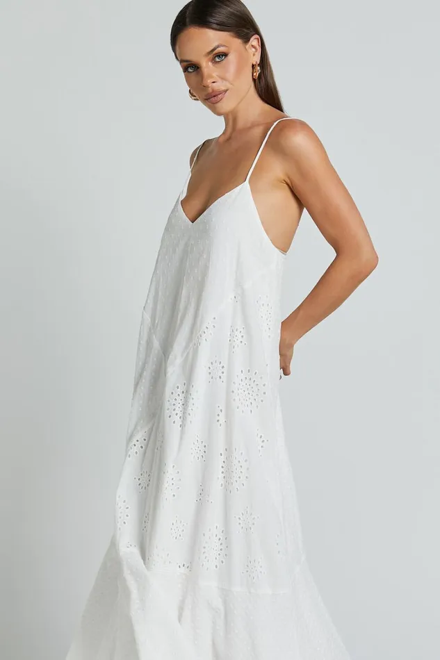 Linalyn Midi Dress 8211 Strappy V Neck Low Back Slip Dress In White Women Showpo Dresses