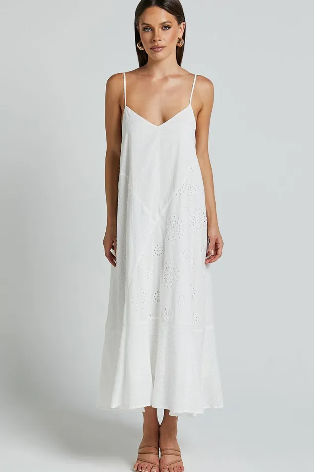Linalyn Midi Dress 8211 Strappy V Neck Low Back Slip Dress In White Women Showpo Dresses