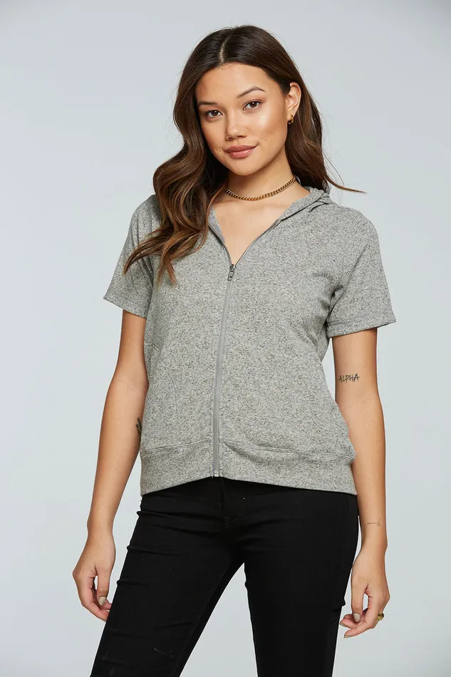 Linen Rib Short Sleeve Zip Up Hoodie Womens Outerwear Chaser Brand