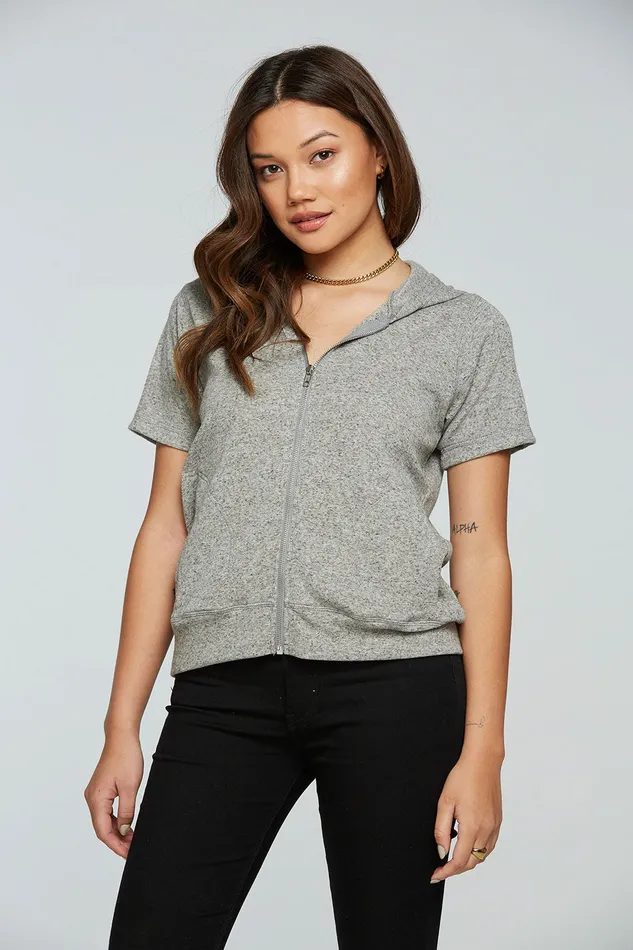 Linen Rib Short Sleeve Zip Up Hoodie Womens Outerwear Chaser Brand