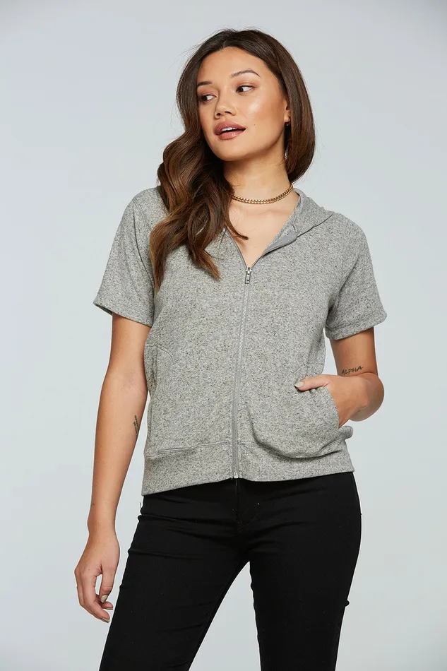 Linen Rib Short Sleeve Zip Up Hoodie Womens Outerwear Chaser Brand