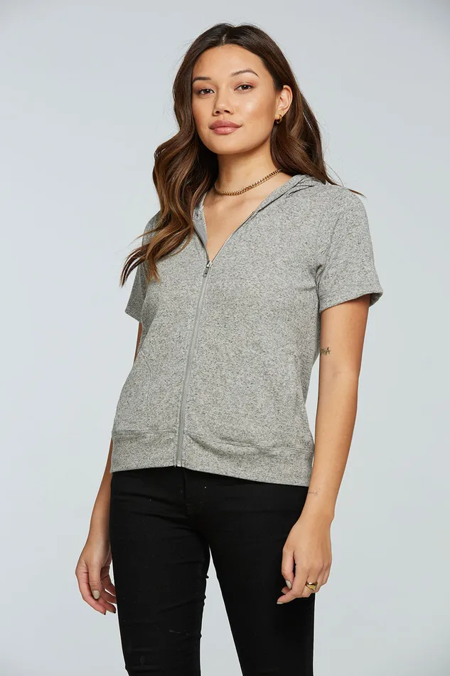 Linen Rib Short Sleeve Zip Up Hoodie Womens Outerwear Chaser Brand