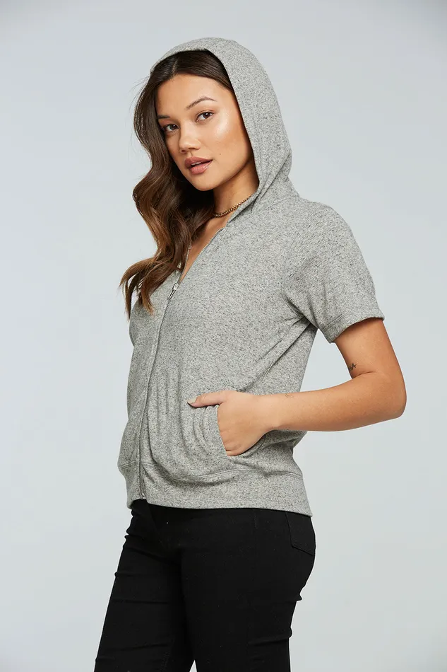 Linen Rib Short Sleeve Zip Up Hoodie Womens Outerwear Chaser Brand