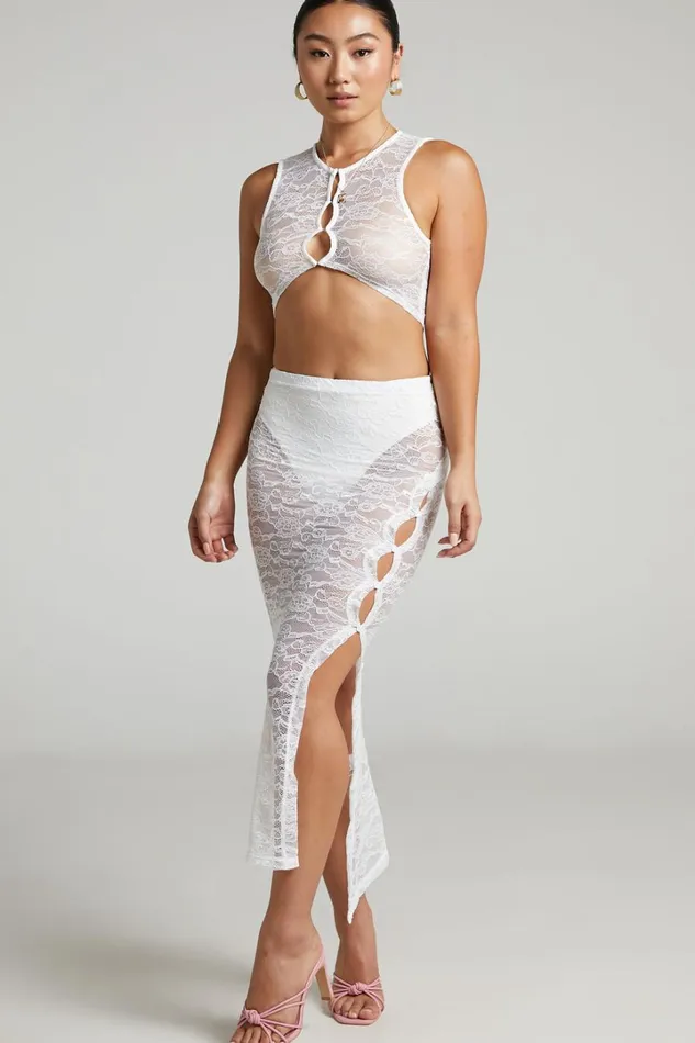 Lioness 8211 Mayfair Lace Midi Skirt In White Women Showpo Skirts