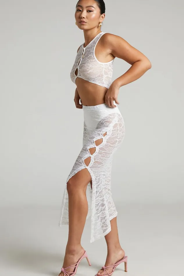 Lioness 8211 Mayfair Lace Midi Skirt In White Women Showpo Skirts