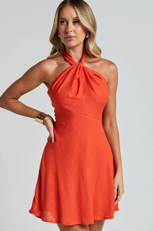 Louie Mini Dress 8211 Linen Look Halter Neck Dress In Orange Women Showpo Dresses