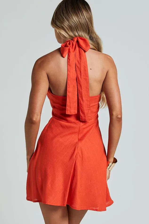 Louie Mini Dress 8211 Linen Look Halter Neck Dress In Orange Women Showpo Dresses