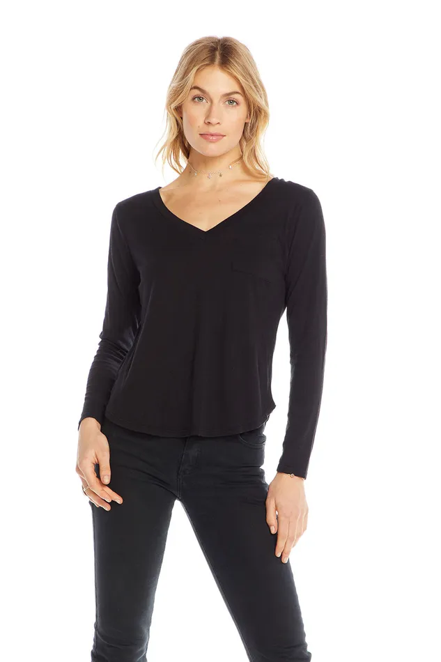 Loungewear Chaser Brand Womens Cotton Basics Long Sleeve V neck Seamed Back Pocket Tee