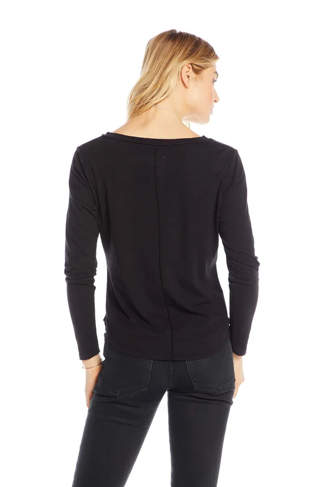 Loungewear Chaser Brand Womens Cotton Basics Long Sleeve V neck Seamed Back Pocket Tee
