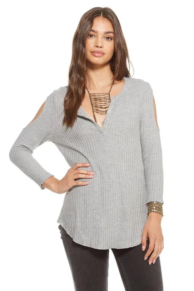 Loungewear Womens Chaser Brand THERMAL 34 SLEEVE DOUBLE COLD SHOULDER HENLEY
