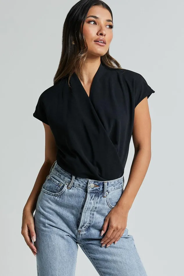 Lucianne Top 8211 Short Sleeve Draped Top In Black Women Showpo Tops