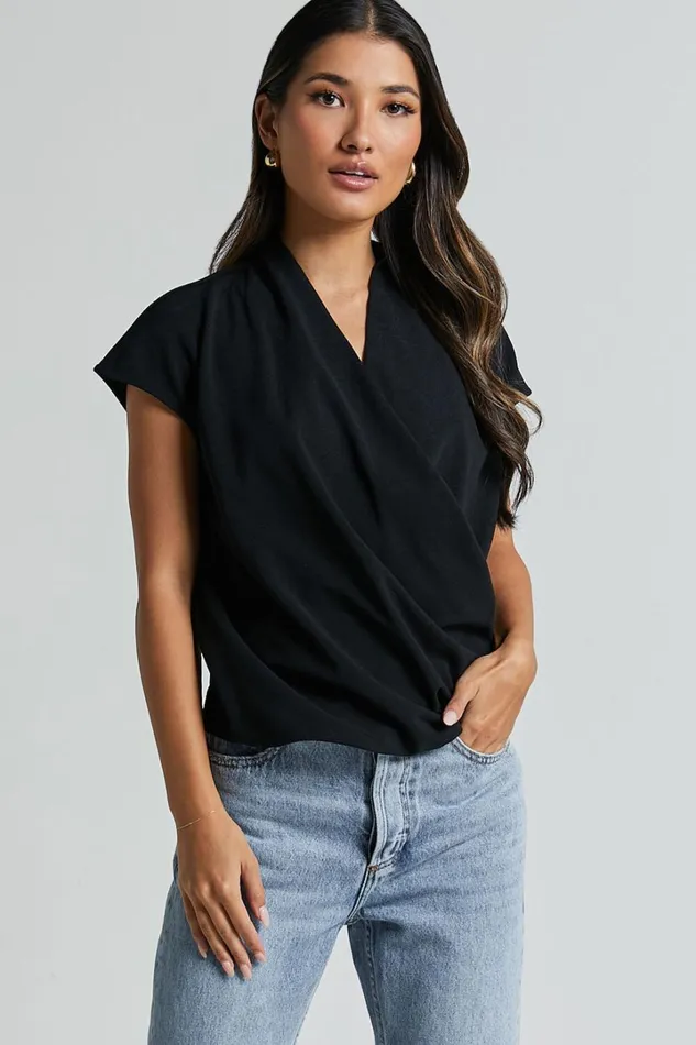 Lucianne Top 8211 Short Sleeve Draped Top In Black Women Showpo Tops
