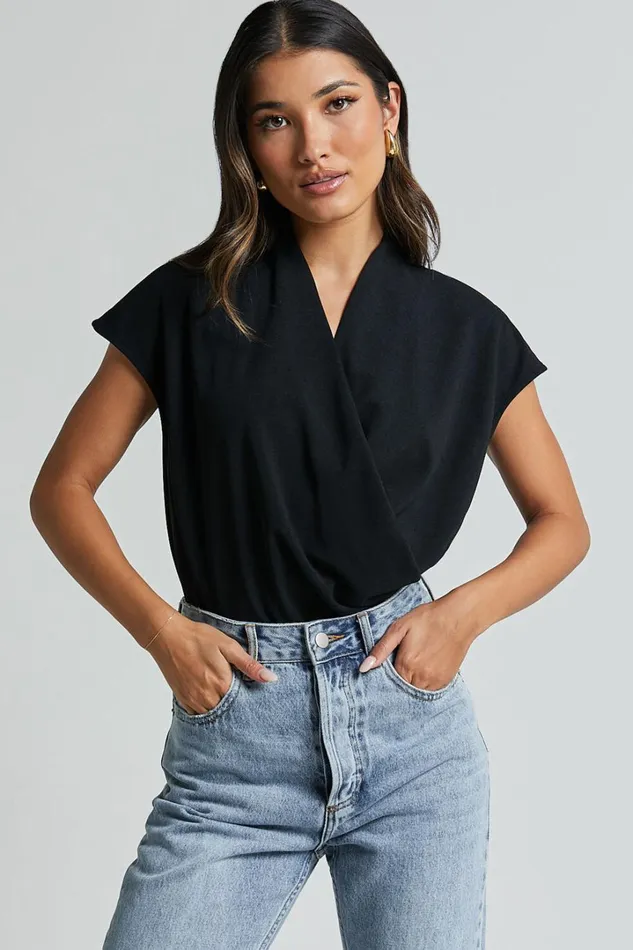 Lucianne Top 8211 Short Sleeve Draped Top In Black Women Showpo Tops