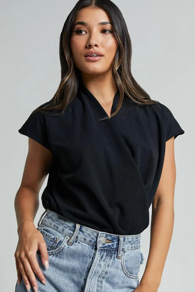 Lucianne Top 8211 Short Sleeve Draped Top In Black Women Showpo Tops