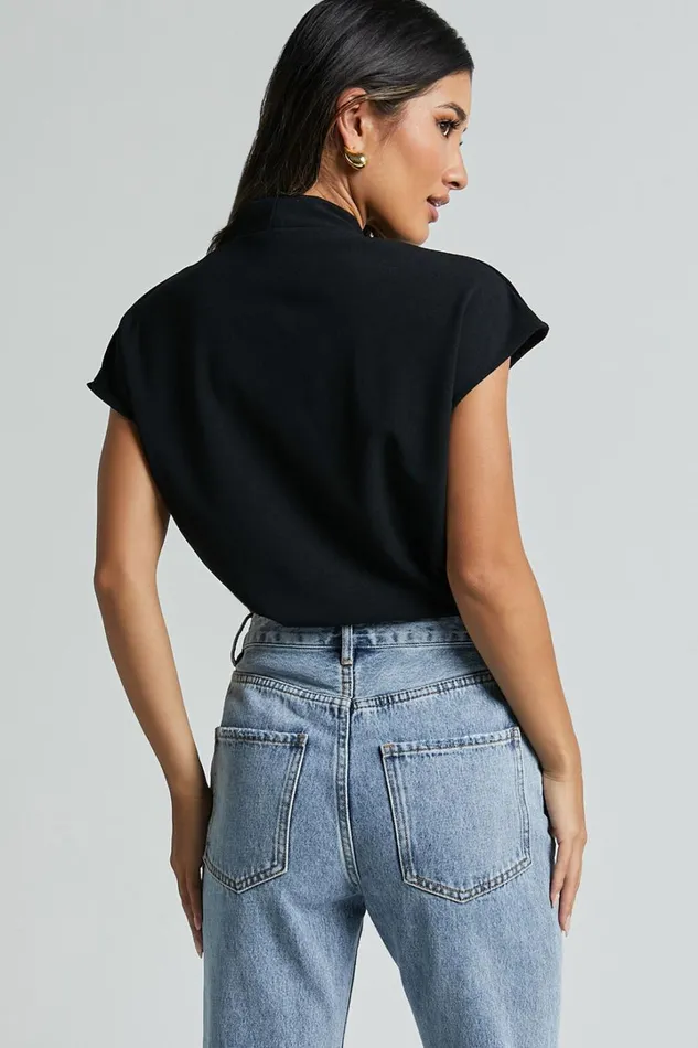 Lucianne Top 8211 Short Sleeve Draped Top In Black Women Showpo Tops
