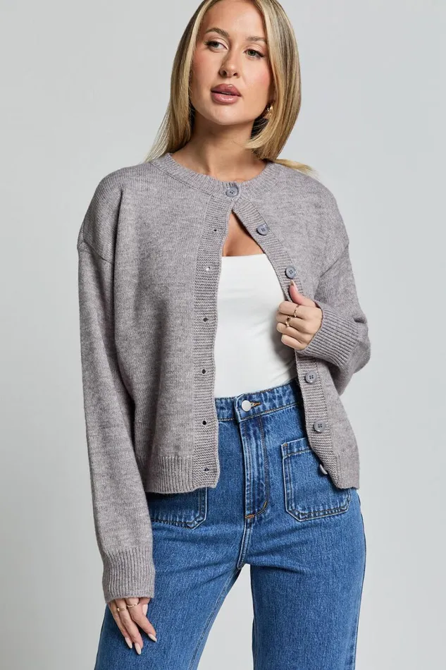 Lucille Cardigan 8211 Button Through Scoop Neck Knit Cardigan In Grey Women Showpo Sweaters and Cardigans