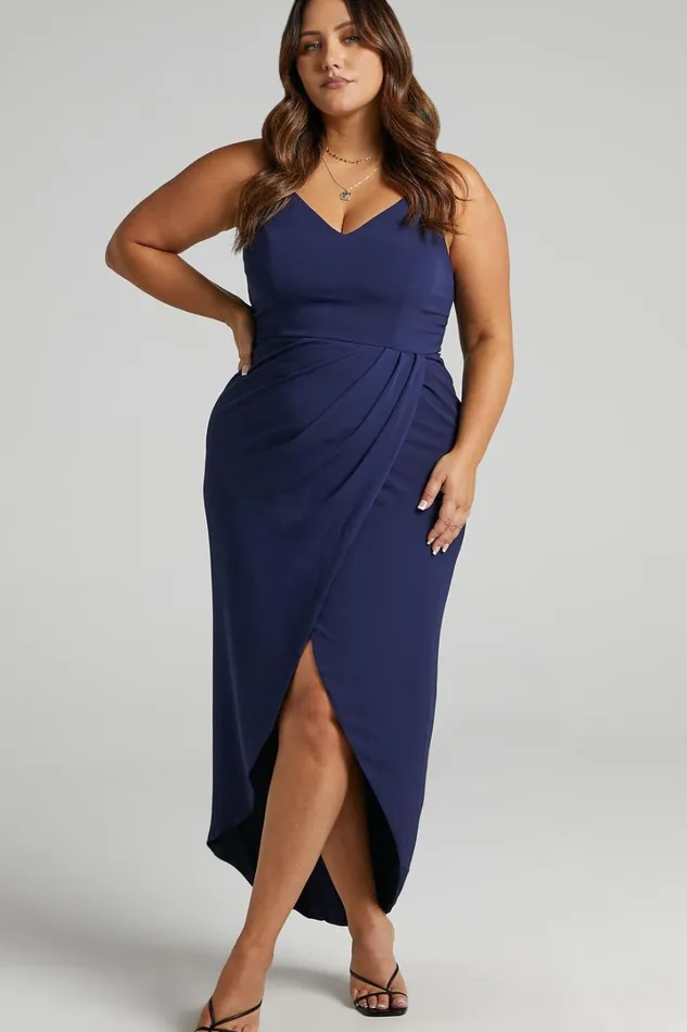 Lucky Day Midi Dress 8211 V Neck Drape Dress In Navy Women Showpo Curve Clothes