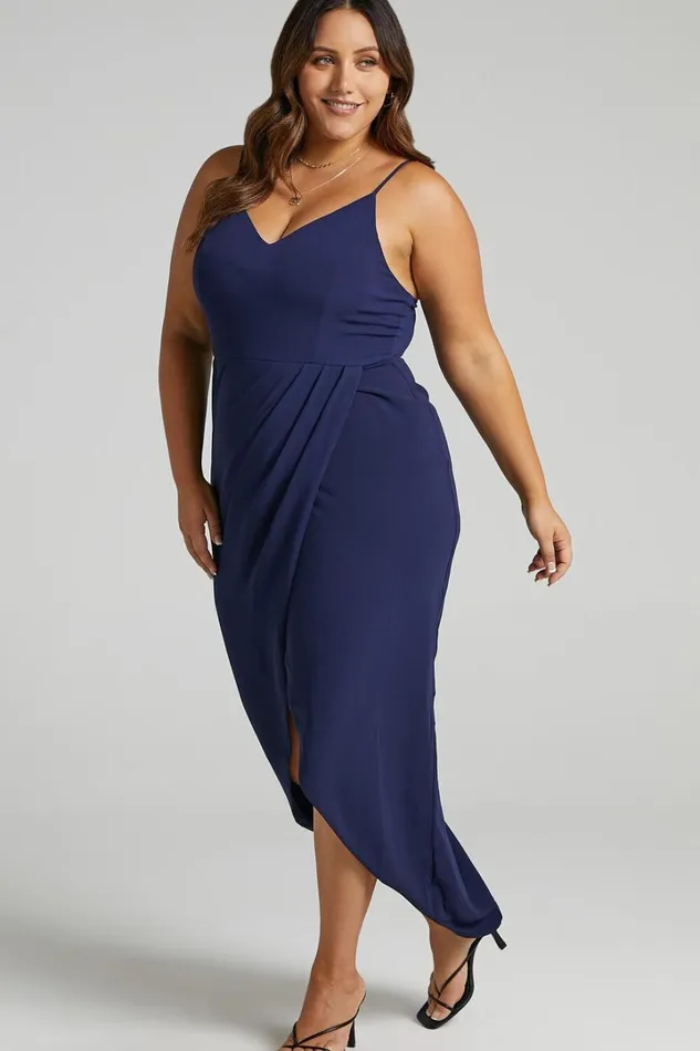 Lucky Day Midi Dress 8211 V Neck Drape Dress In Navy Women Showpo Curve Clothes