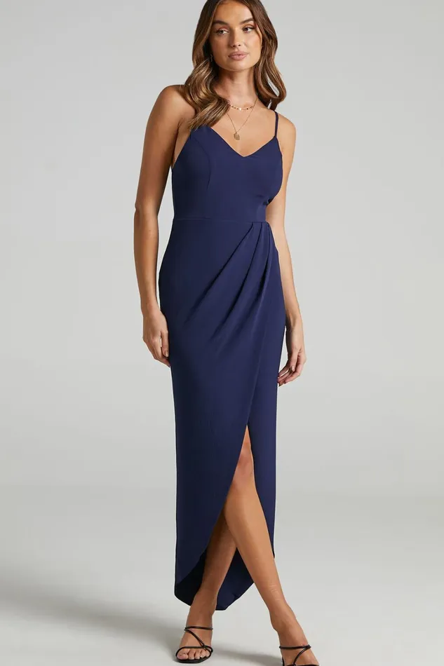 Lucky Day Midi Dress 8211 V Neck Drape Dress In Navy Women Showpo Curve Clothes