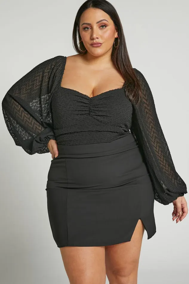 Lunara Bodysuit 8211 Textured Ballon Sleeve Bodysuit In Black Women Showpo Tops