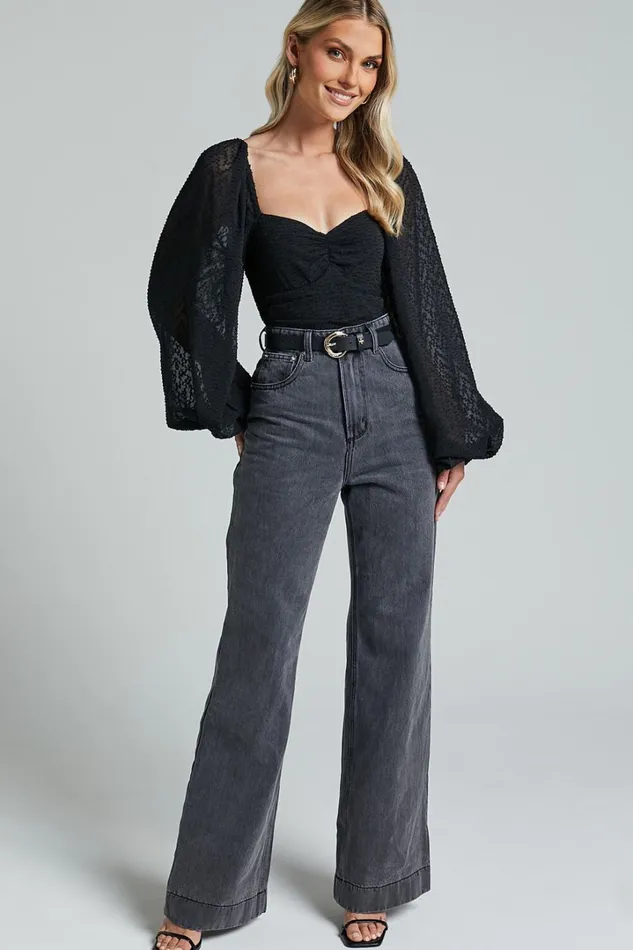 Lunara Bodysuit 8211 Textured Ballon Sleeve Bodysuit In Black Women Showpo Tops