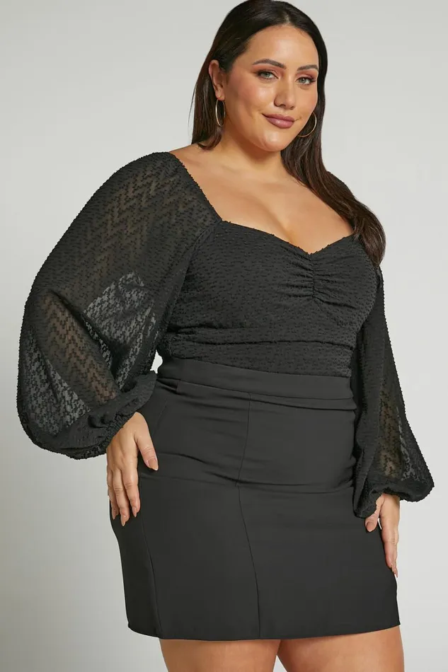 Lunara Bodysuit 8211 Textured Ballon Sleeve Bodysuit In Black Women Showpo Tops