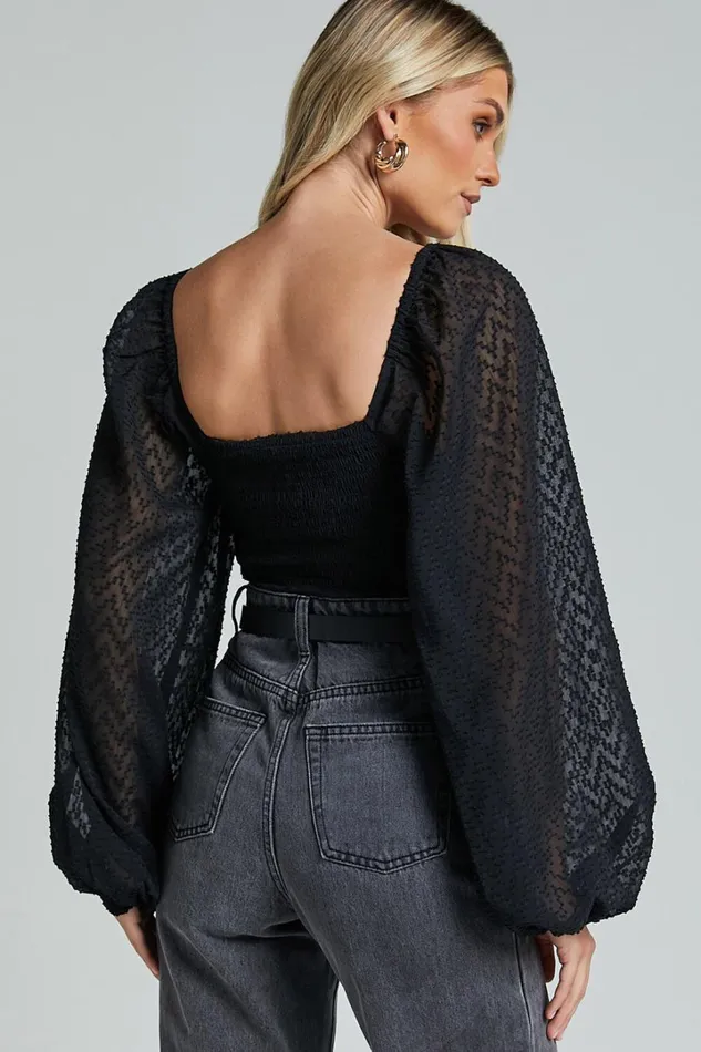 Lunara Bodysuit 8211 Textured Ballon Sleeve Bodysuit In Black Women Showpo Tops