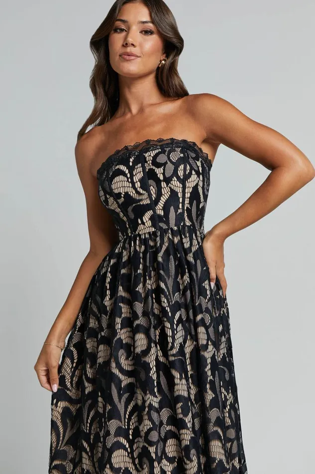 Madeleine Midi Dress 8211 Strapless Lace Scallop Hem Dress In Black Women Showpo Dresses