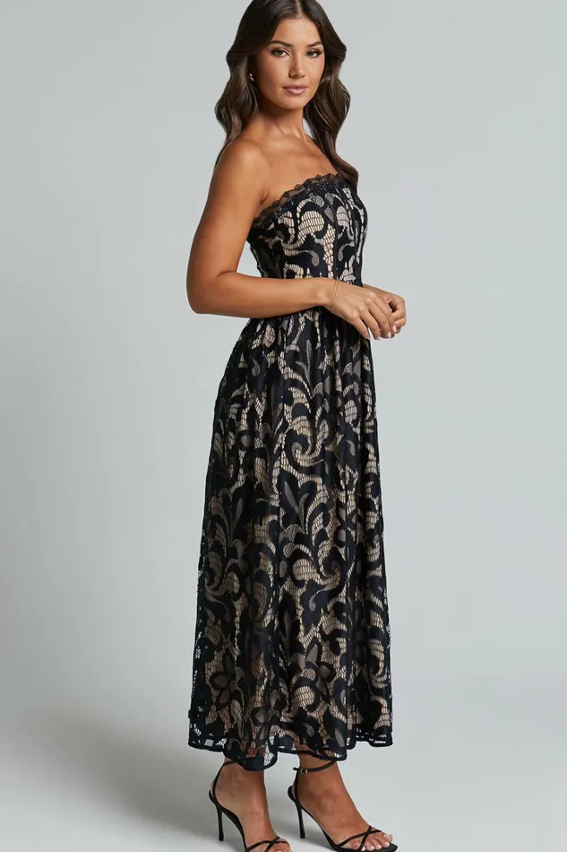 Madeleine Midi Dress 8211 Strapless Lace Scallop Hem Dress In Black Women Showpo Dresses