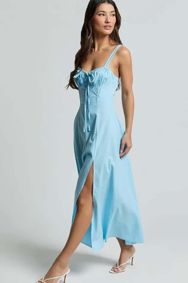 Maiya Midi Dress 8211 Tie Front Fitted Bodice Dress In Blue Women Showpo Conscious