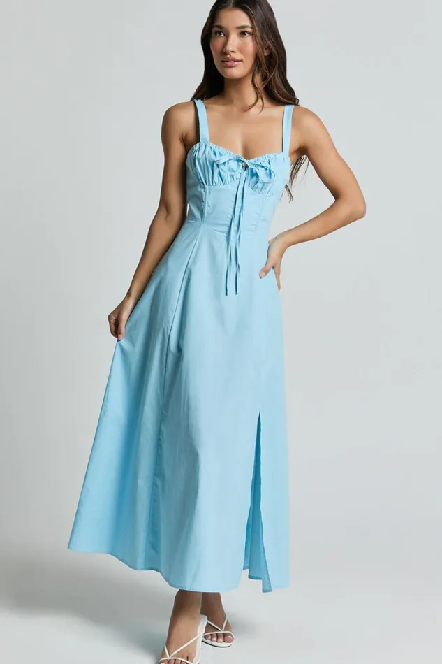 Maiya Midi Dress 8211 Tie Front Fitted Bodice Dress In Blue Women Showpo Conscious