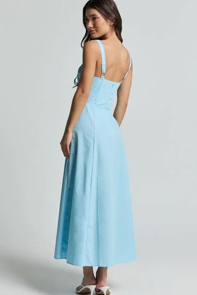 Maiya Midi Dress 8211 Tie Front Fitted Bodice Dress In Blue Women Showpo Conscious