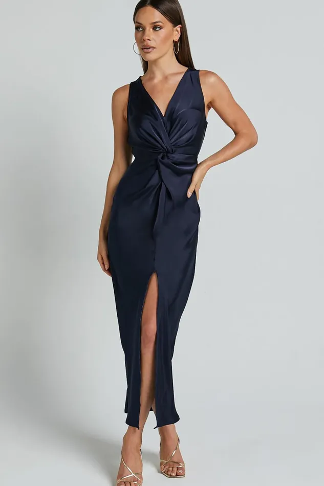 Mariah Maxi Dress 8211 Twist Detail Wrap Hem Satin Dress In Midnight Blue Women Showpo Dresses