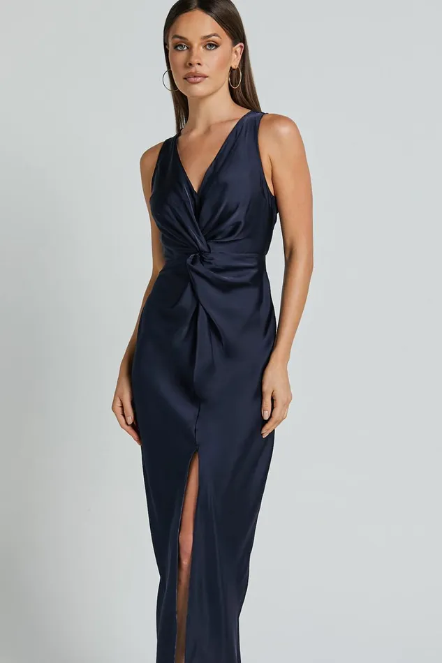 Mariah Maxi Dress 8211 Twist Detail Wrap Hem Satin Dress In Midnight Blue Women Showpo Dresses