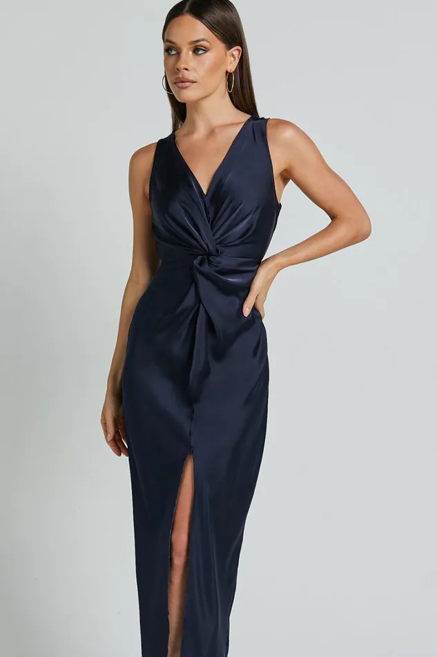 Mariah Maxi Dress 8211 Twist Detail Wrap Hem Satin Dress In Midnight Blue Women Showpo Dresses