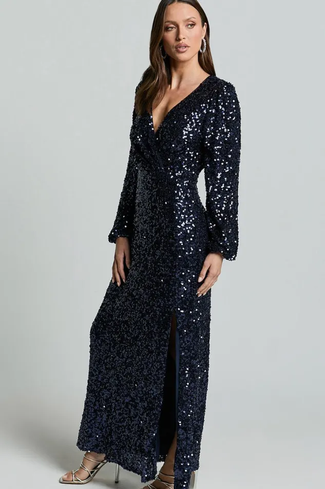 Mariella Midi Dress 8211 Sequin Long Sleeve Thigh Split Dress In Navy Women Showpo Curve Clothes