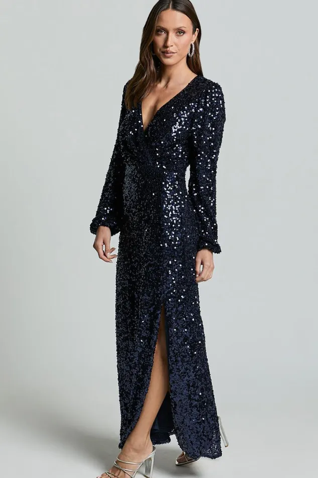 Mariella Midi Dress 8211 Sequin Long Sleeve Thigh Split Dress In Navy Women Showpo Curve Clothes