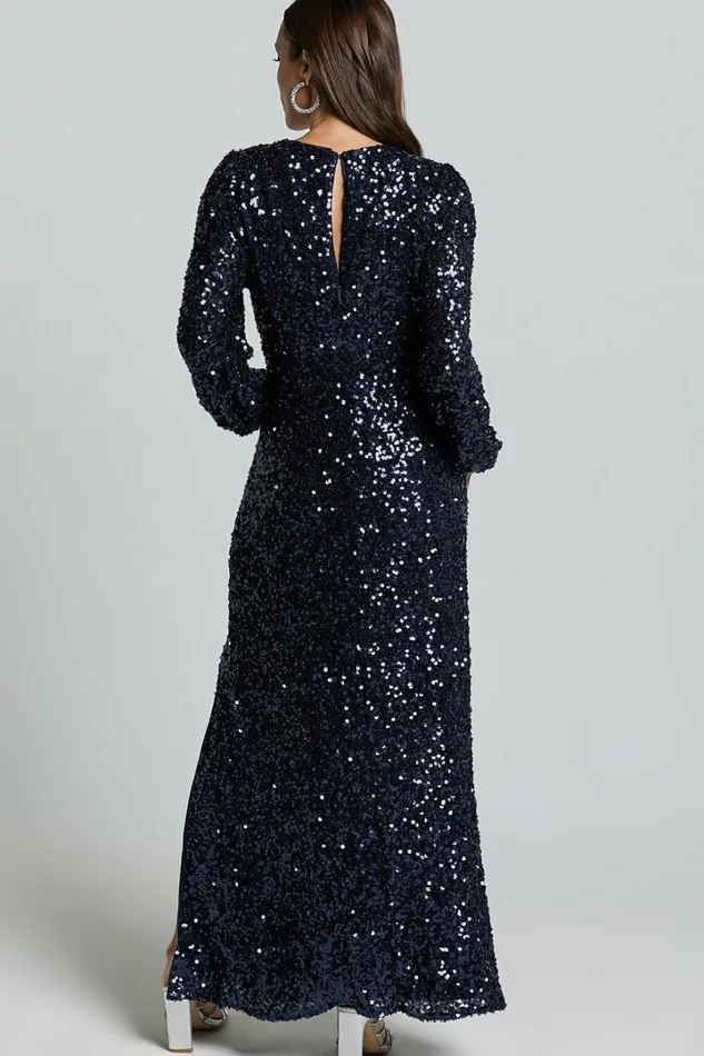 Mariella Midi Dress 8211 Sequin Long Sleeve Thigh Split Dress In Navy Women Showpo Curve Clothes