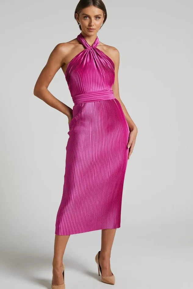 Marlette Midi Dress 8211 Pleated Open Back Halter Dress In Grape Women Showpo Curve Clothes