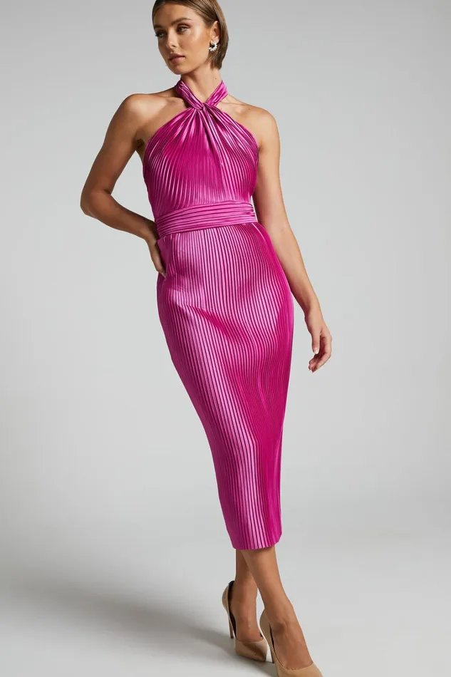 Marlette Midi Dress 8211 Pleated Open Back Halter Dress In Grape Women Showpo Curve Clothes