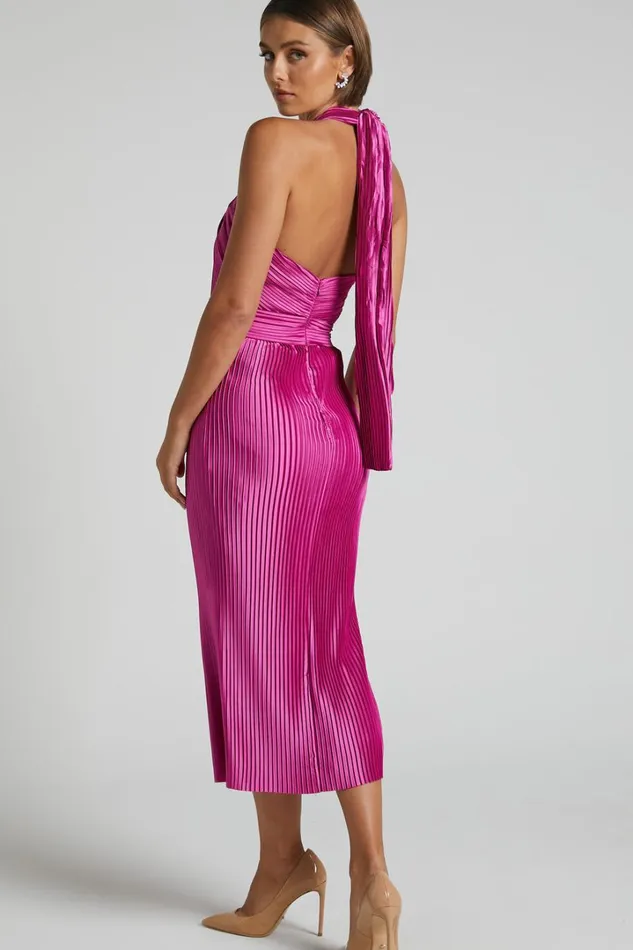 Marlette Midi Dress 8211 Pleated Open Back Halter Dress In Grape Women Showpo Curve Clothes