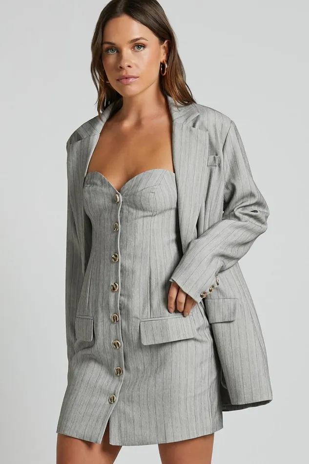 Maryanne Mini Dress 8211 Button Down Corset Strapless Dress In Grey Pinstripe Women Showpo Curve Clothes Maryanne Mini Dress 8211 Button Down Corset Strapless Dress In Grey Pinstripe Women Showpo Curve Clothes