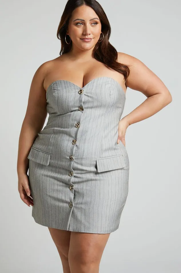 Maryanne Mini Dress 8211 Button Down Corset Strapless Dress In Grey Pinstripe Women Showpo Curve Clothes