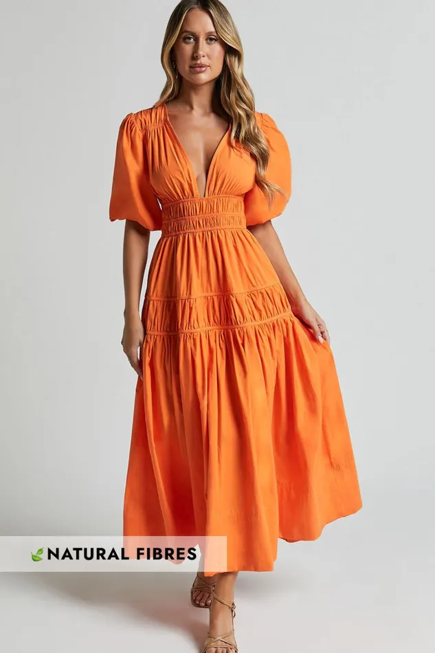 Mellie Midi Dress 8211 Puff Sleeve Plunge Tiered Dress In Orange Women Showpo Conscious
